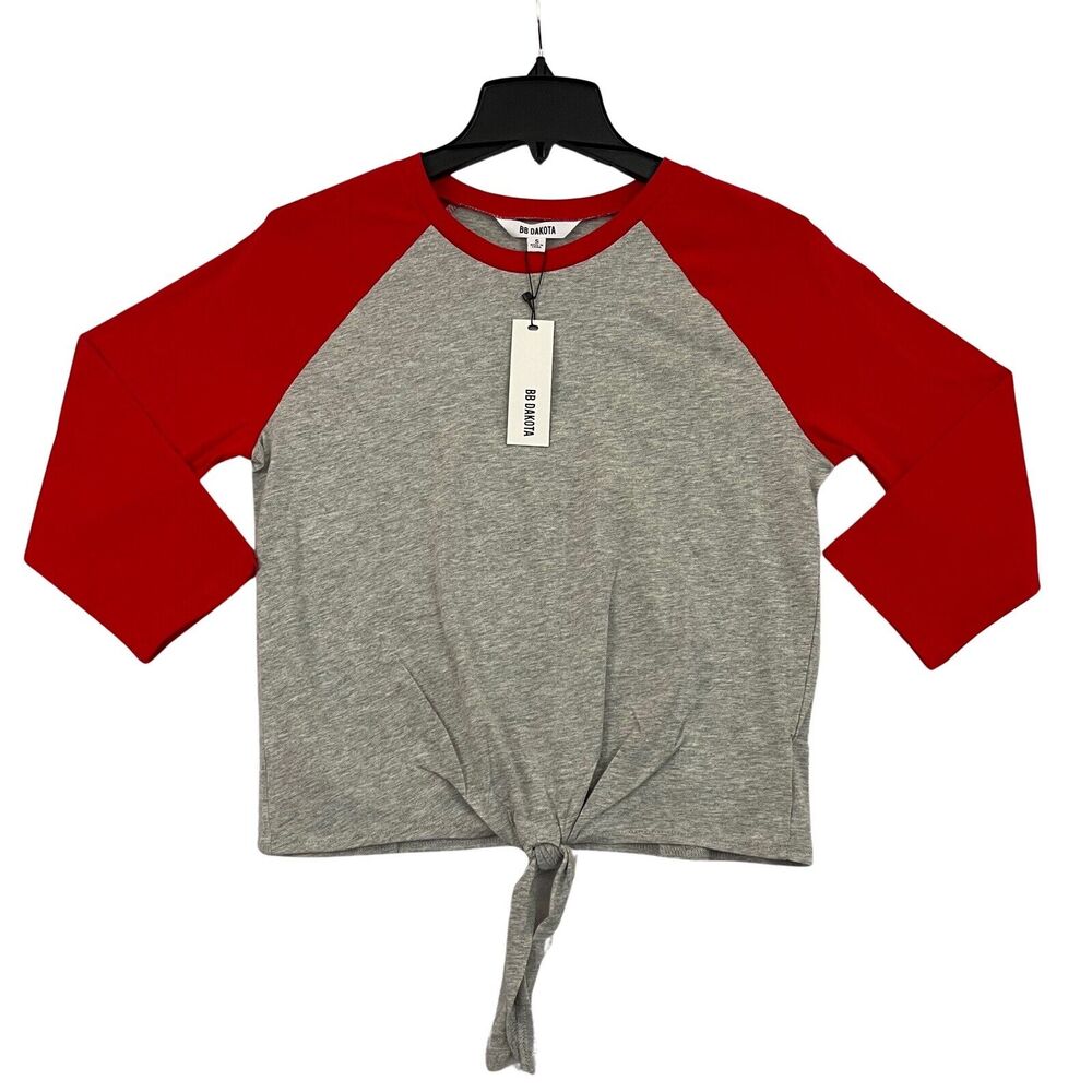 BB DAKATO Top Womens Small Berry Red Gray 3/4 Raglan Sleeve T Shrt Tie Front NEW